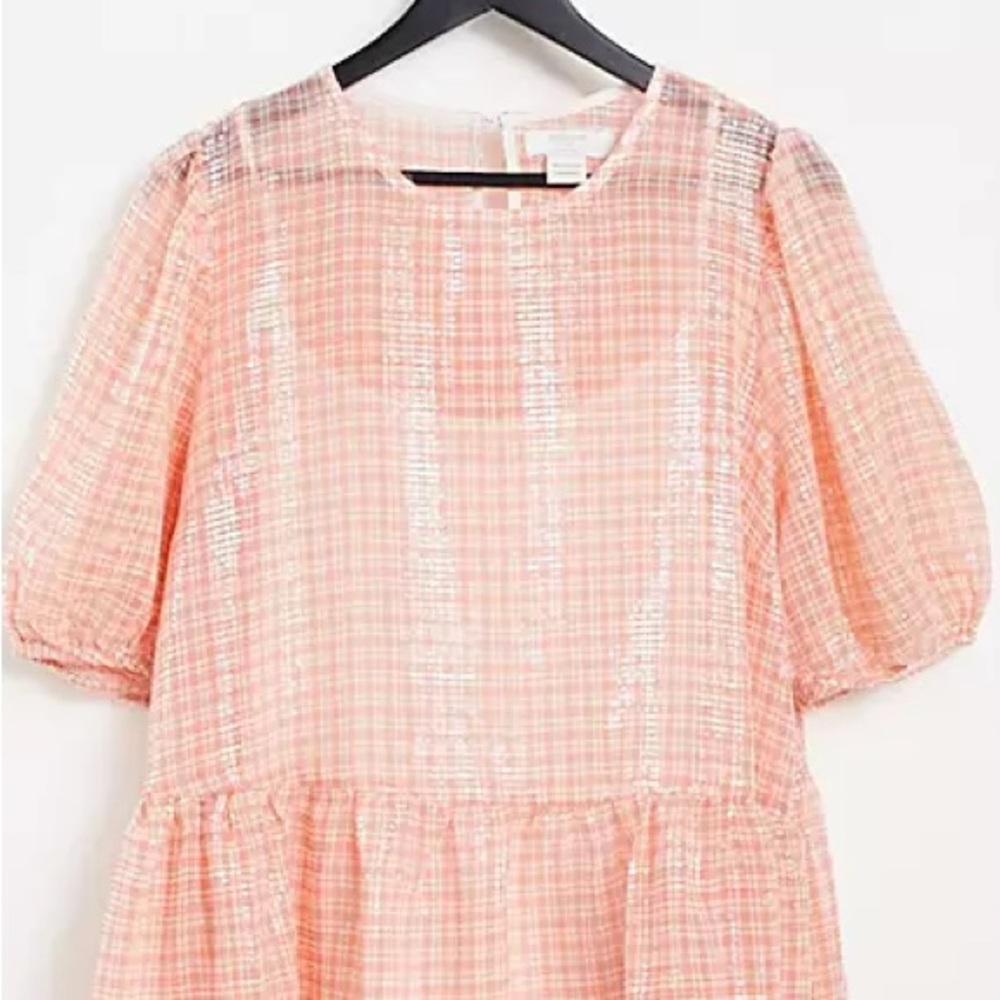 Peach Gingham Mini Dress with Puff Sleeves - Picture 11 of 16